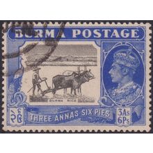 Burma 1946 3a.6p. Black and Ultramarine with Curved Plough Handle Variety