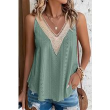 Mist Green Lace Crochet Splicing V Neck Loose Fit Tank Top