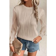 Apricot Textured Wavy Round Neck Long Sleeve Top