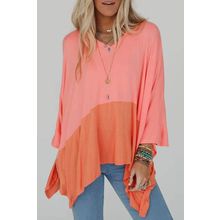 Grapefruit Orange Contrast Color Patchwork Oversized Side Split Top