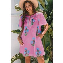 Rose Floral Short Sleeve Split Neck Loose Mini Dress