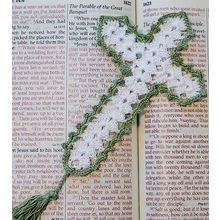Christian Devotions Crochet Cross Bible Bookmark in White Pearl Shells 4" Long