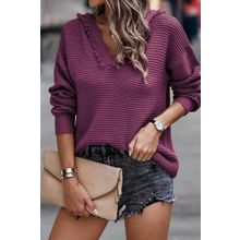 V Neck Ribbed Drop Shoulder Hooded Sweater