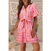 Pink Bowknot Striped Printed Bubble Sleeve Buttoned Belted Mini Dress