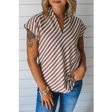 Chestnut Striped Stand V Neck Short Sleeve Blouse
