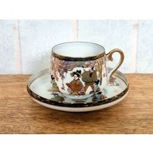 Antique Japanese Geisha Tea Cup Set | Hand-Painted Porcelain Teacup Saucer