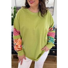 Green Plus Size Printed Patchwork Sleeve Split Sweatshirt