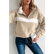 Parchment Fleece Colorblock Patchwork Zipped Neck Pullover Sweatshirt