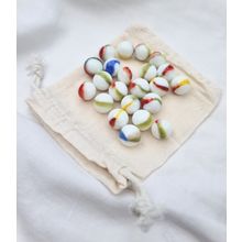 OLD GLORY - 25 Glass Marbles, White & Coloured Stripes, 14mm, with Cotton Pouch