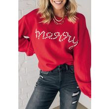 Fiery Red Pearl Beaded Merry Casual Sweater