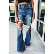 Blue High Waist Distressed Cutout Flare Leg Jeans