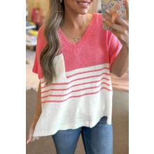 Strawberry Pink Contrast Stripes V Neck Knitted Short Sleeve Top