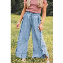 Myosotis Light Wash Raw Hem Ruffled Wide Leg Jeans