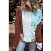 Khaki Mix Textured Knit Colorblock Patchwork Sweater