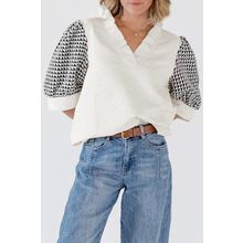 White Geometric Textured Short Sleeve Frilly V Neck Blouse