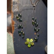 womens silver tone wire bead and flower green necklace