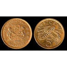 Singapore Five Cents 1990 Used Coin 5c Monstera Plant Coat of Arms