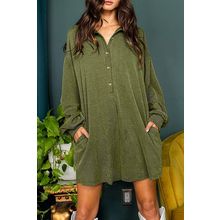 Moss Green Corded Buttons Placket Drop Shoulder Collared Shift Dress
