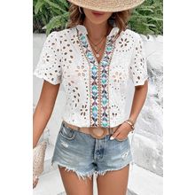 White Geometric Embroidery Hollow Out Blouse