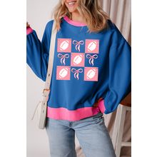 Blue Rugby Bowknot Graphic Game Day Contrast Trim Drop Shoulder Casual Sweatshir