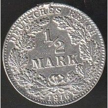 1916 D Germany 1 Half Mark Silver Coin