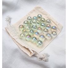SOAP BUBBLE - 25 Glass Marbles, Transparent Iridescent, 14mm, with Cotton Pouch