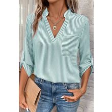 Green Stripe V Neck Roll Up Sleeve Pocket Patched Classic Shirt
