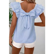 Beau Blue Textured Bow Knot Frilled Butterfly Sleeve Blouse