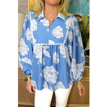 Sky Blue Floral Ricrac Trim Collared Puff Sleeve Loose Blouse
