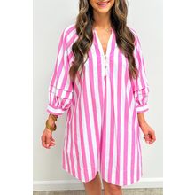 Rose Stripe Bracelet Sleeve Buttons Loose Mini Dress