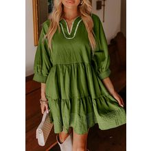 Jungle Green Contrast Stitched V Neck 3/4 Sleeve Tiered Mini Dress