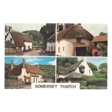 SOMERSET THATCH. multiview, used vintage postcard by Colourmaster 1976 pm. =