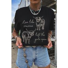 Black Western Cow Print Round Neck Casual Tee
