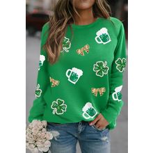 Green St Patrick Sequin Patch Graphic Drop Shoulder Sweatshirt