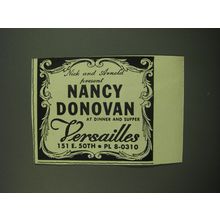 1949 Versailles Club Ad - Nick and Arnold present Nancy Donovan at Dinner