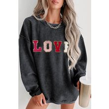 Black Sequin LOVE Chenille Embroidered Graphic Corded Sweatshirt