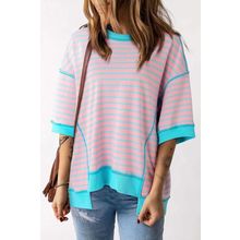 Pink Stripe Oversized Contrast Trim Exposed Seam High Low T Shirt