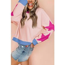 Light Pink Star Patchwork Exposed Seam Oversized Sweatshirt