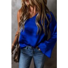 Dark Blue Asymmetric One Shoulder Bell Sleeve Satin Blouse