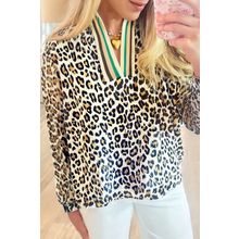 Khaki Leopard Print Contrast Striped V Neck Blouse