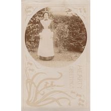 Edwardian House Maid Antique Hearty Greetings Real Photo Postcard
