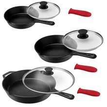 MegaChef Pre-Seasoned 9 Piece Cast Iron Skillet Set with Lids and Red Silicon...