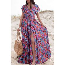 Blue Floral Print V Neck Wrap Split Maxi Dress