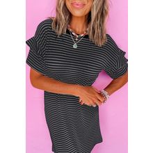 Black Stripe Ruffled Short Sleeve Crew Neck T Shirt Shift Mini Dress