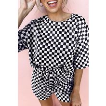 Black Checkered Top and Short Casual 2pcs Set