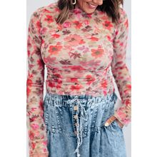 Red Floral Print Long Sleeve Slim Fit Mesh Top