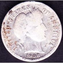 1908 USA 10 Cents Silver Coin Barber