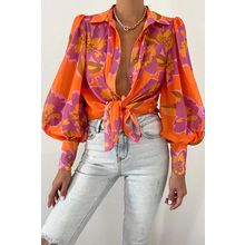 Orange Floral Print Lantern Sleeve Shirt