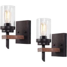 Rustic Wall Light Sconce with Seeded Glass Shade, Vintage Edison Metal Wood Wall
