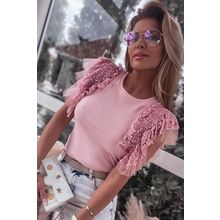 Pink Sequined Ruffle Mesh Sleeves Top